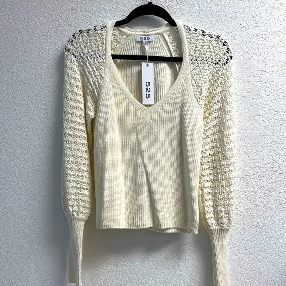 NEW- 525 Chic Cream 100% Cotton Open Knit V neck Sweater S - Picture 3 of 10